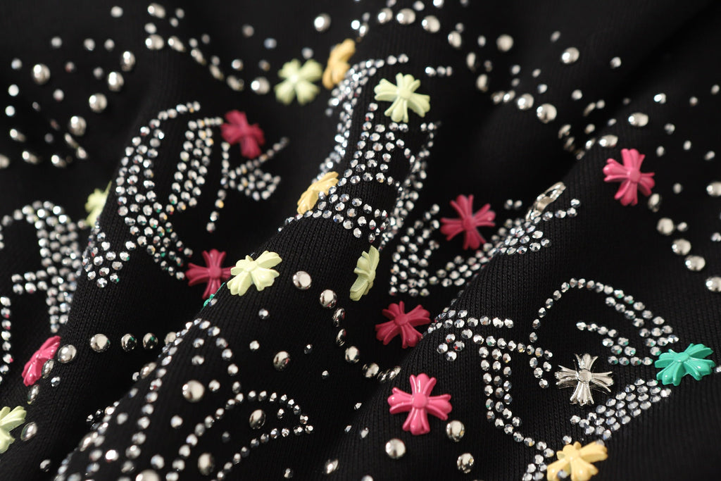 Chrome-Hearts Colorful Rhinestone Hoodie - Black Gothic Street Sweatshirt 2608