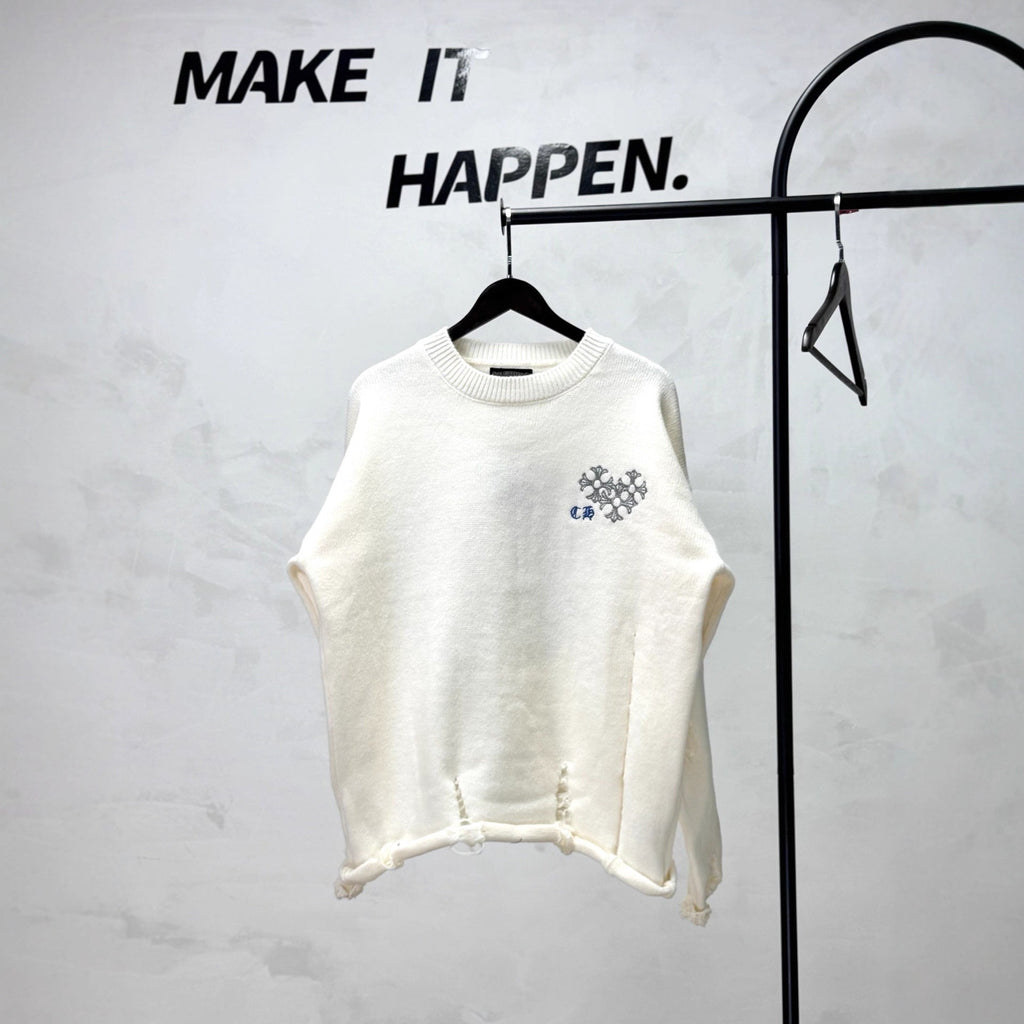 Chrome Hearts Embroidered Ripped Crew Neck Sweater