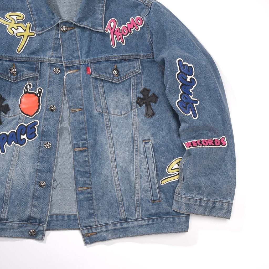 Chrome-Hearts Patchwork Denim Jacket - Vintage Blue Gothic Street Jacket 0789
