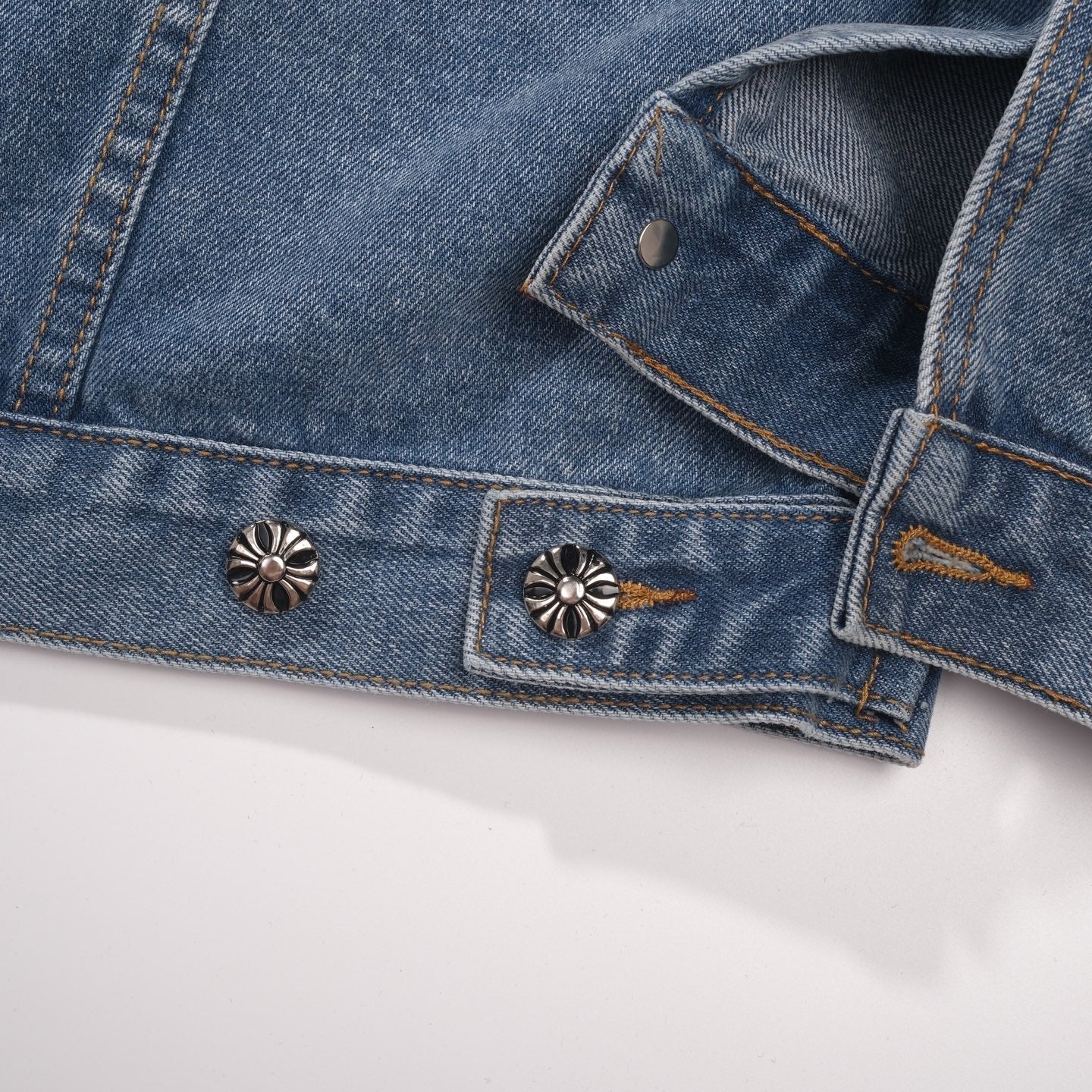 Chrome-Hearts Patchwork Denim Jacket - Vintage Blue Gothic Street Jacket 0789